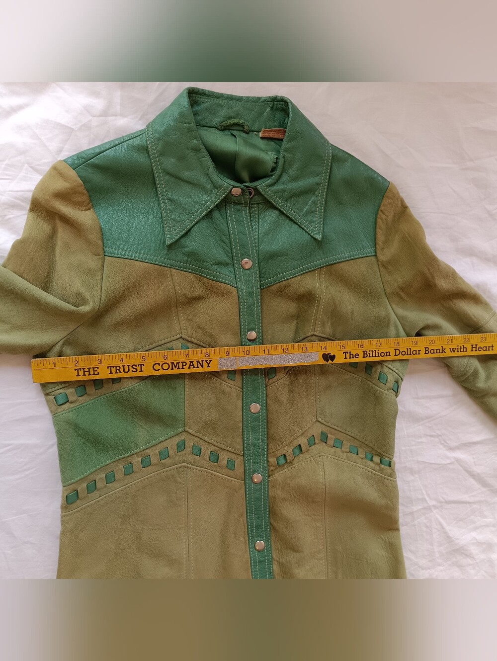 Rare True Vintage 70s Multi Tone Green Suede Leather Knit Back Tailored Jacket - Picture 4 of 12